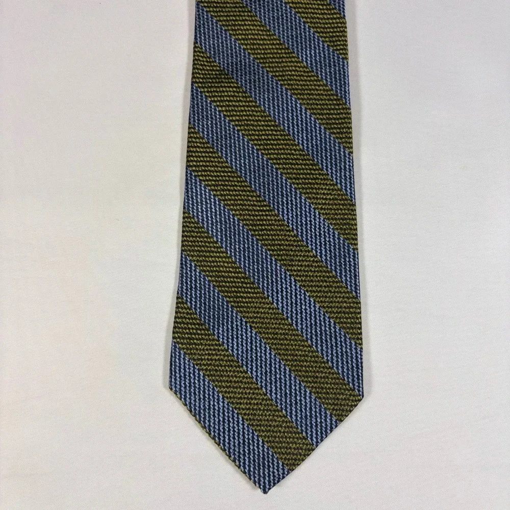 Christian Dior Mens Silk Necktie Vintage Striped Olive Green Blue‎ Designer Tie